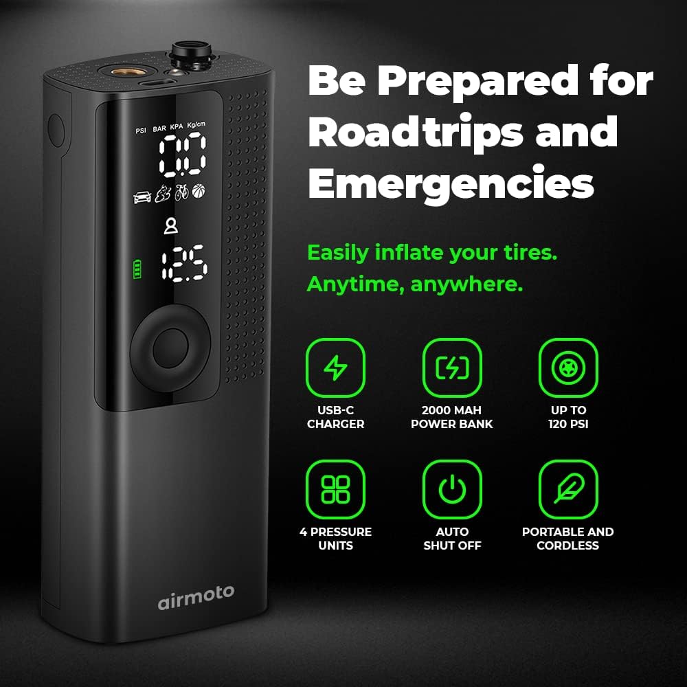 Airmoto Tire Inflator Portable Air Compressor/Pump for Car Tires w/Digital Tire Pressure Gauge - Air Compressor (120 PSI) - Motorcycle, Electric Bike Pump and Bicycle Pump w/LED Light Airmoto Tire Inflator Portable Air Compressor/Pump for Car Tires w/Digital Tire Pressure Gauge - Air Compressor (120 PSI) - Motorcycle, Electric Bike Pump and Bicycle Pump w/LED Light