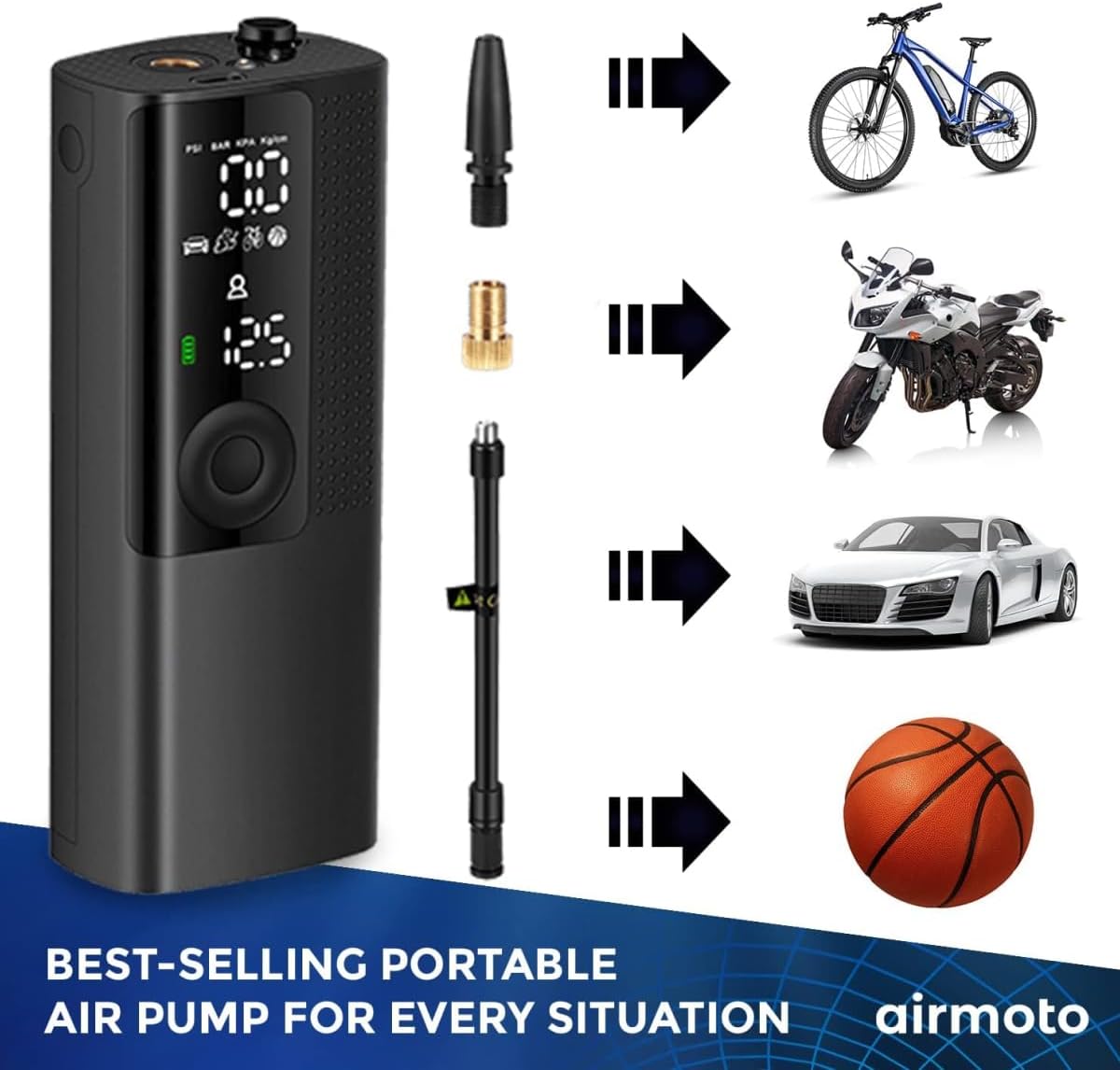 Airmoto Tire Inflator Portable Air Compressor/Pump for Car Tires w/Digital Tire Pressure Gauge - Air Compressor (120 PSI) - Motorcycle, Electric Bike Pump and Bicycle Pump w/LED Light Airmoto Tire Inflator Portable Air Compressor/Pump for Car Tires w/Digital Tire Pressure Gauge - Air Compressor (120 PSI) - Motorcycle, Electric Bike Pump and Bicycle Pump w/LED Light