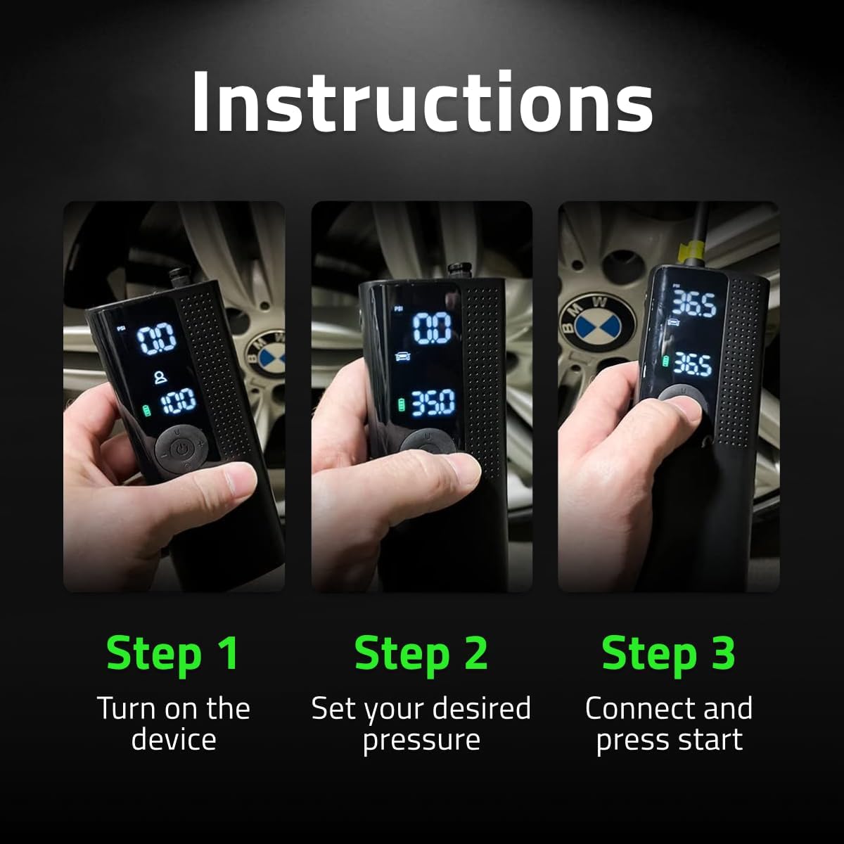 Airmoto Tire Inflator Portable Air Compressor/Pump for Car Tires w/Digital Tire Pressure Gauge - Air Compressor (120 PSI) - Motorcycle, Electric Bike Pump and Bicycle Pump w/LED Light Airmoto Tire Inflator Portable Air Compressor/Pump for Car Tires w/Digital Tire Pressure Gauge - Air Compressor (120 PSI) - Motorcycle, Electric Bike Pump and Bicycle Pump w/LED Light