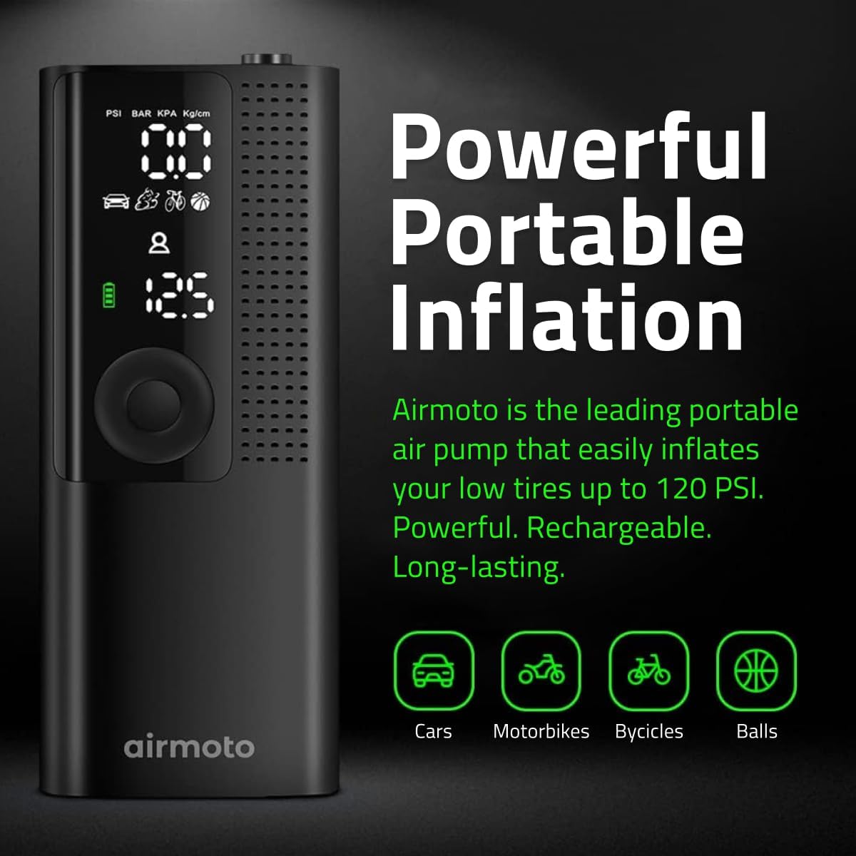 Airmoto Tire Inflator Portable Air Compressor/Pump for Car Tires w/Digital Tire Pressure Gauge - Air Compressor (120 PSI) - Motorcycle, Electric Bike Pump and Bicycle Pump w/LED Light Airmoto Tire Inflator Portable Air Compressor/Pump for Car Tires w/Digital Tire Pressure Gauge - Air Compressor (120 PSI) - Motorcycle, Electric Bike Pump and Bicycle Pump w/LED Light