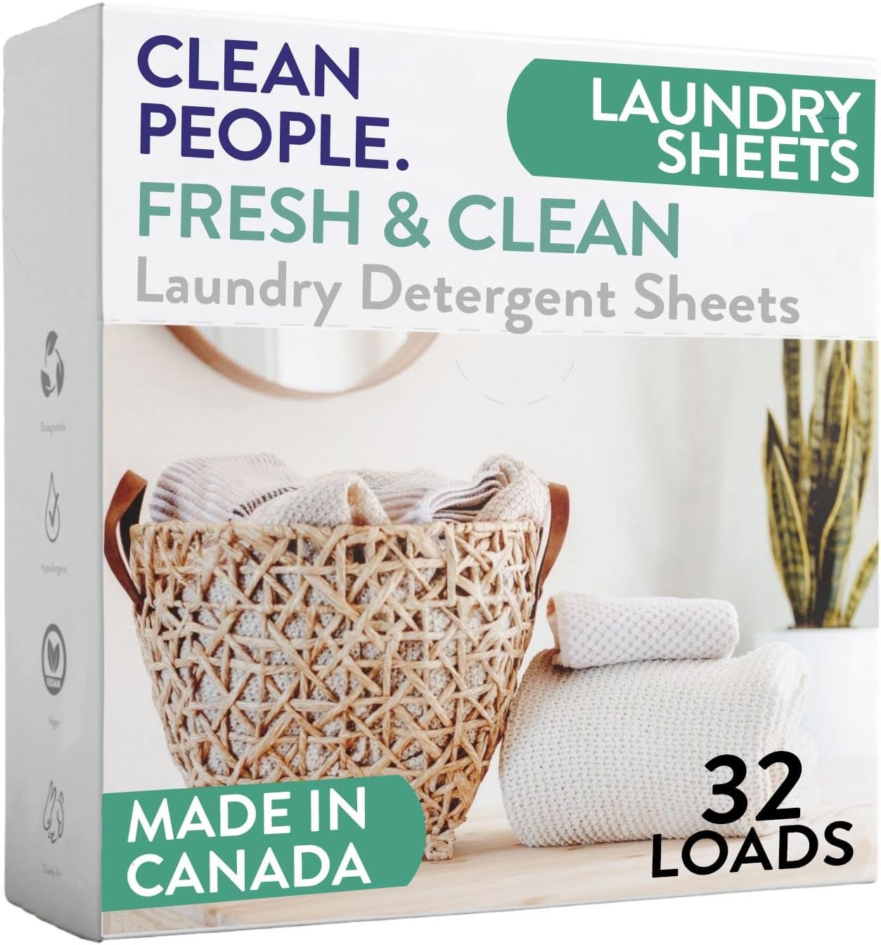 Clean People Laundry Detergent Sheets - Plant-Based, Hypoallergenic Soap - Ultra Concentrated, Plastic Free, Natural Ingredients, Recyclable Packaging, Stain Fighting - Fresh Scent, 32 Pack