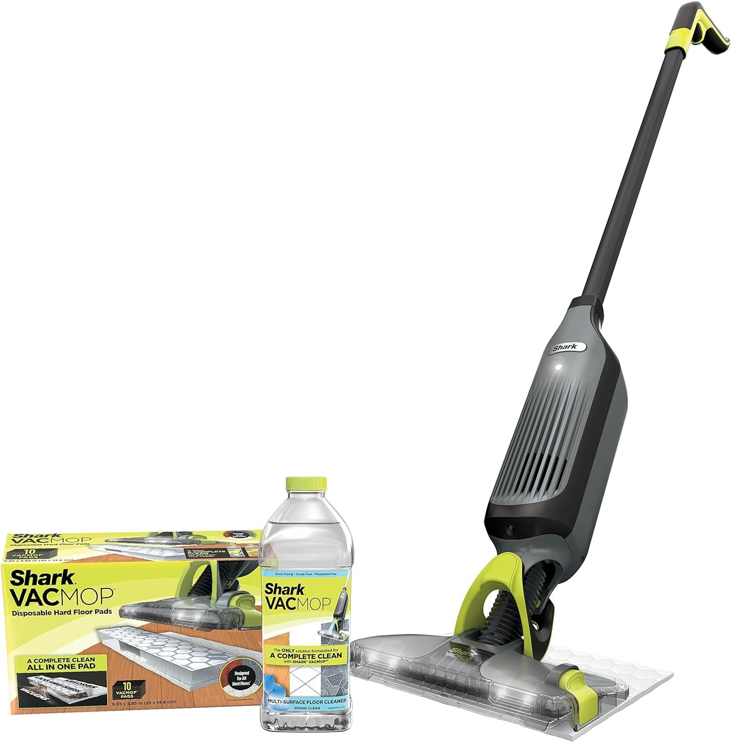 Shark VM252 VACMOP Pro Cordless Hard Floor Vacuum Mop with LED Headlights, 4 Disposable Pads  12 oz. Cleaning Solution, Charcoal Gray