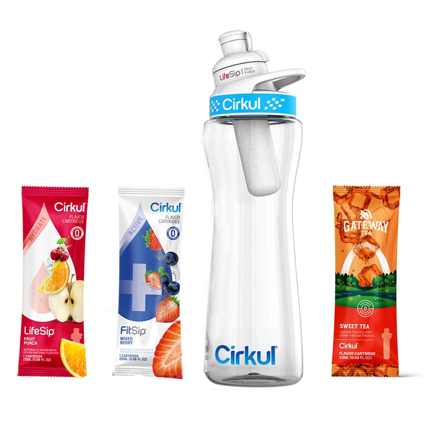 Cirkul 22 oz Plastic Water Bottle Starter Kit with Blue Lid and 3 Flavor Cartridges (Fruit Punch  Mixed Berry  1 Random Flavor Cartridge)