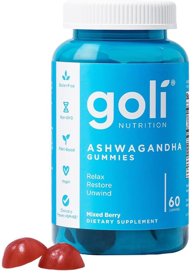 Goli Ashwagandha  Vitamin D Gummy - 60 Count - Mixed Berry, KSM-66, Vegan, Plant Based, Non-GMO, Gluten-Free  Gelatin Free Relax. Restore. Unwind, Pack of 1