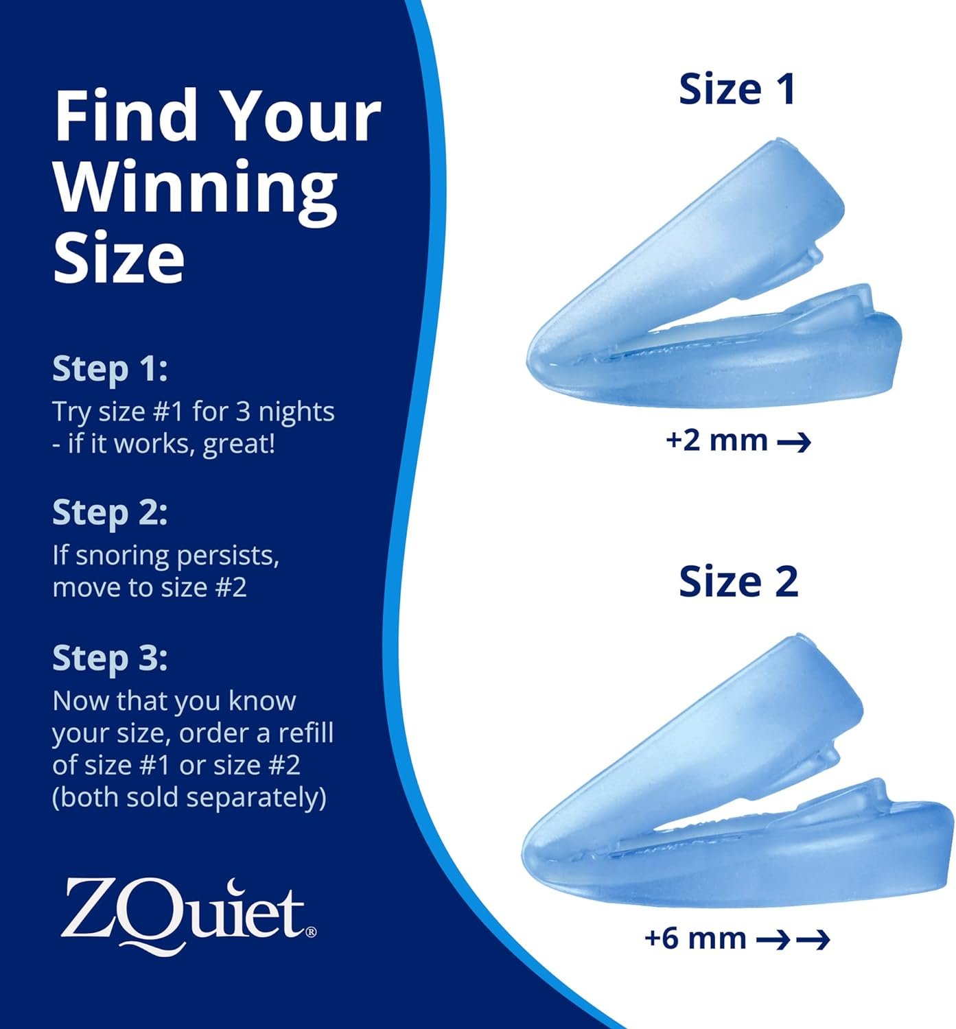 ZQuiet, Anti-Snoring Mouthpiece, Starter Pack with 2 Sizes, Living Hinge  Open Front Design for Comfort  Easy Breathing, Blue