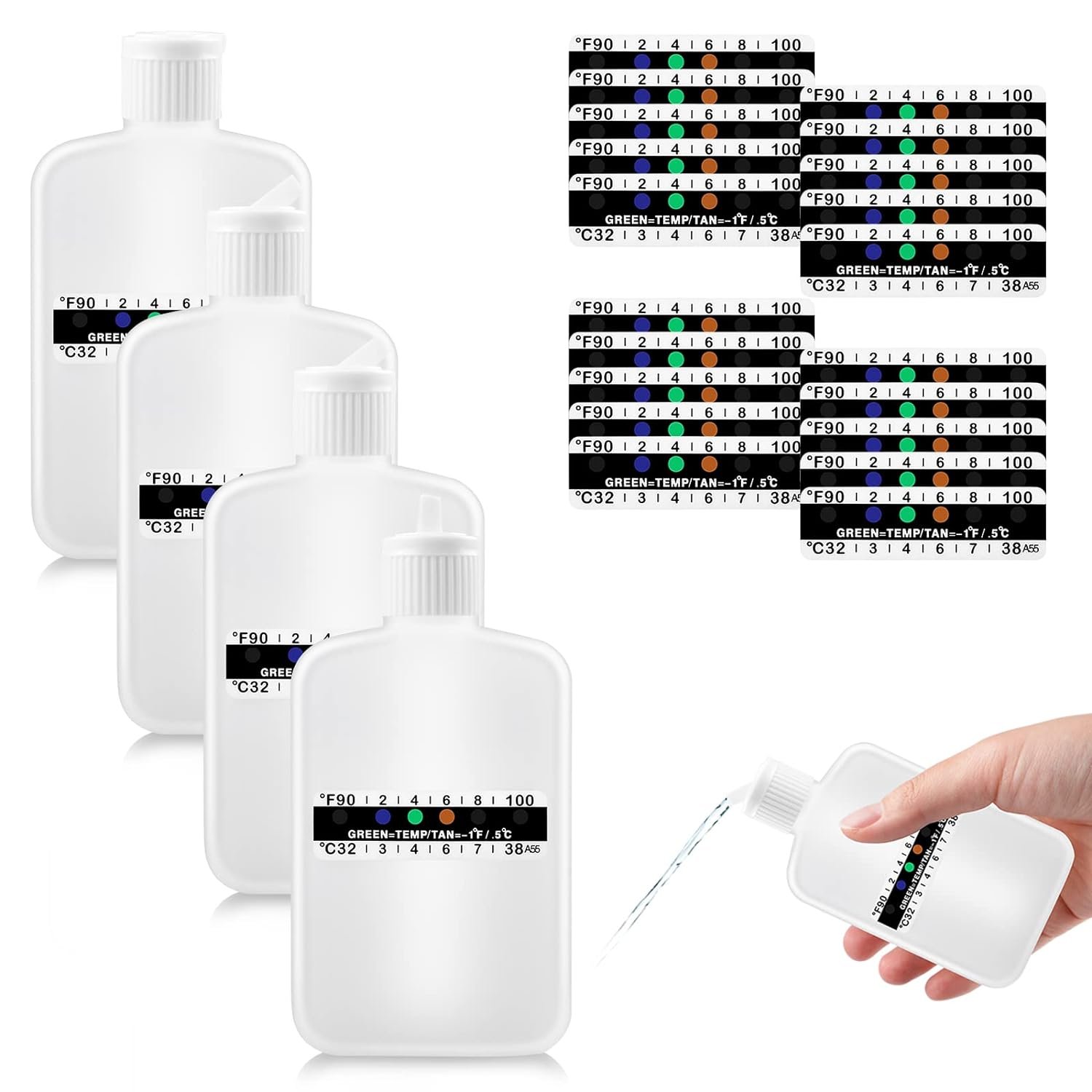 24 Pieces Quick Repair Synthetic Urine Kit False Urine Translucent White Bottle with Dispenser Lid and Urine Test Temperature Bar for Fake * Containers